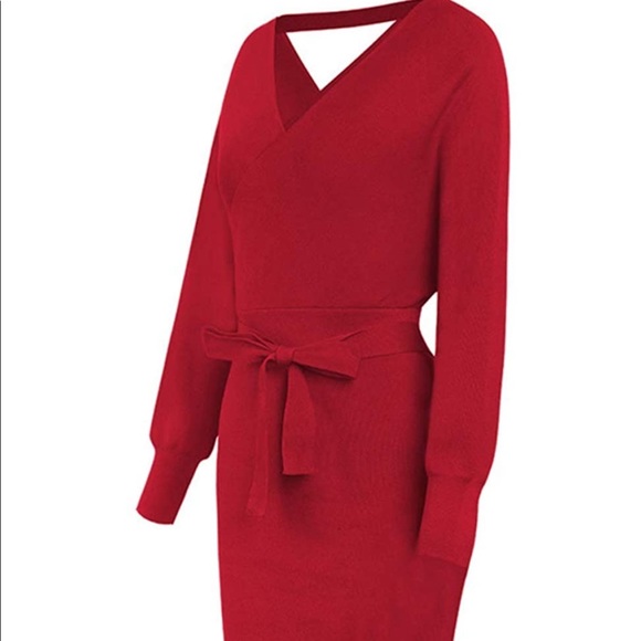 Women's V Neck Wrap Knit Dresses Batwing Sleeve Backless Slit Maxi Dress - Picture 5 of 6